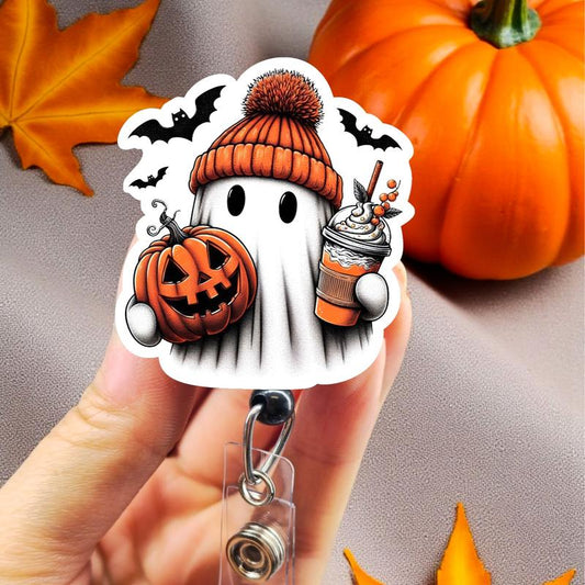 Pumpkin Spice Badge Reel, Xray Girl Creations, Halloween Badge Clip, Spooky Ghost ID Holder, Cute Badge Reel for Nurses, Xray Techs and Hospital Workers. Retractable Swivel Clip with a 360 Rotation. Badge Pull