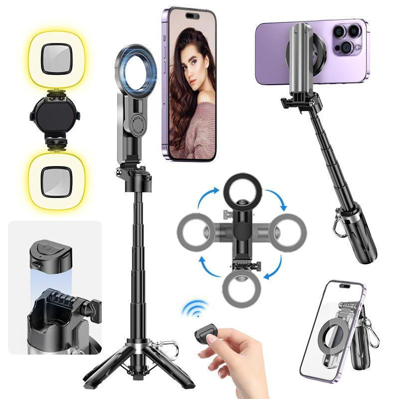New 4-In-1 Multifunctional Magnetic Mini Selfie Stick with 360° Rotation Compact Stylish Wireless Bluetooth Remote Phone Holder Mini Portable
