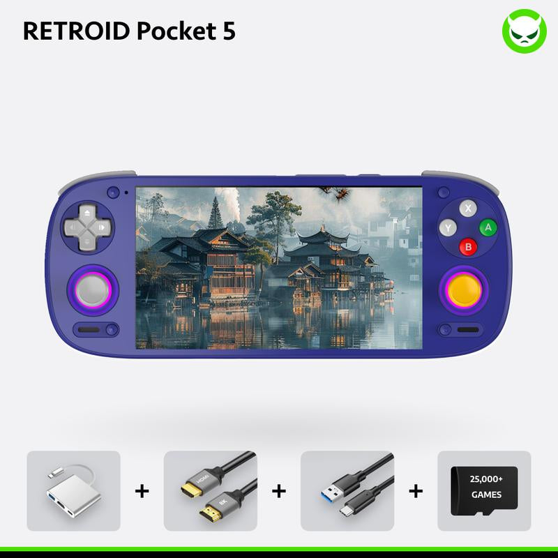 Retroid Pocket 5【Pre-Configured】Handheld Console Sd865【Buy 1 Get 1 Multi-Port Adapter+1 8K Projection Cable+1 Type-C Cable+1 Roms Card】Android 13 Adreno 650 8GB Lpddr4X 5.5-Inch AMOLED 1080P Active-Cooling 5000Mah Wifi Ready to Play Gift Package