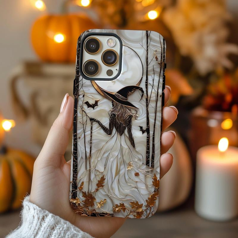 Halloween Witch Phone Case, Gothic Phone Cover, Spooky Autumn Aesthetic, Stained Glass Effect Moon Witch Case