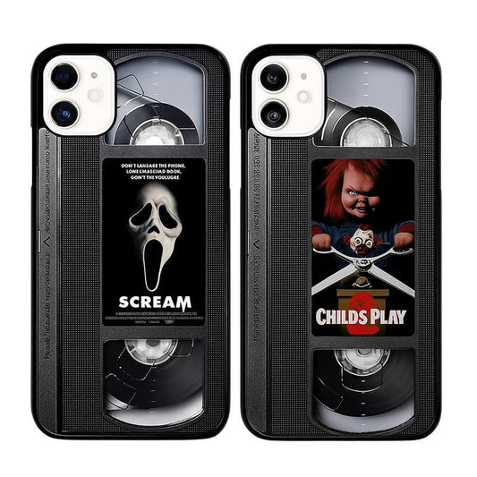VHS Tape Chucky and Scream Phone Case Compatible with Iphone 11, 12, 13, 14, 15, 16, 17 & Samsung S22 S23 S24 S25 – Check Our Available Sizes