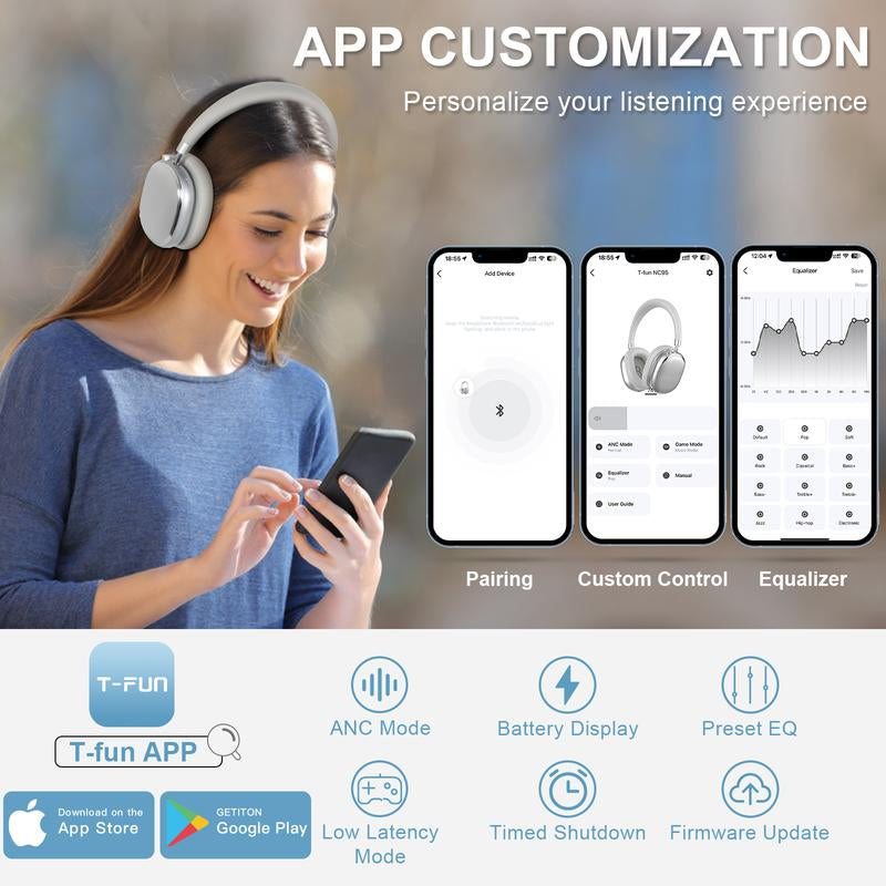 T-Fun NC95 Hybrid Active Noise Canceling Headphones | Bluetooth 5.3, 65H & Transparency Mode | Custom EQ App, Hi-Res Audio for Android/Ios