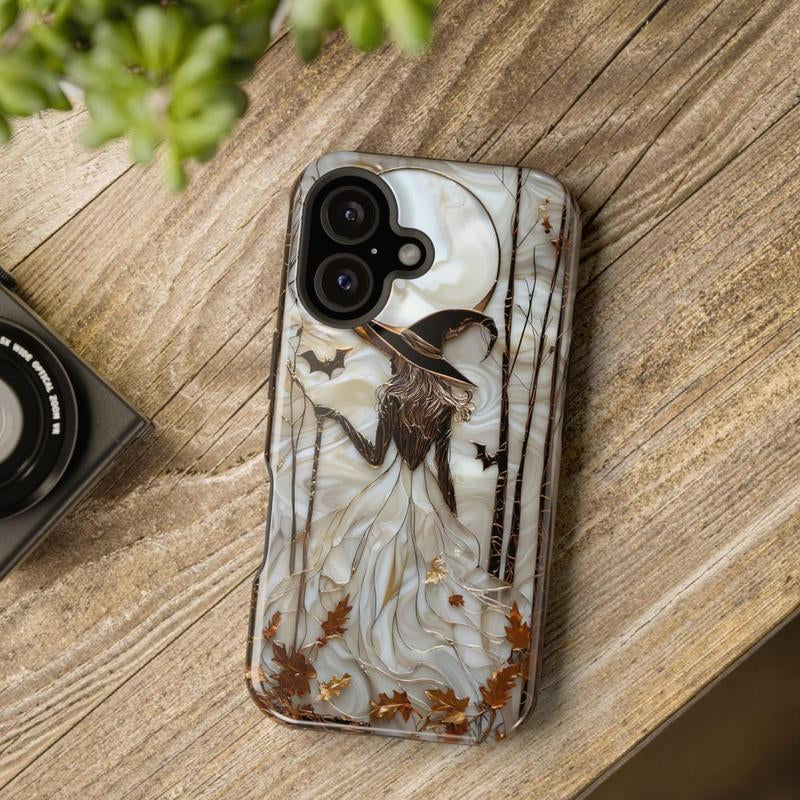 Halloween Witch Phone Case, Gothic Phone Cover, Spooky Autumn Aesthetic, Stained Glass Effect Moon Witch Case
