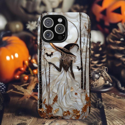 Halloween Witch Phone Case, Gothic Phone Cover, Spooky Autumn Aesthetic, Stained Glass Effect Moon Witch Case