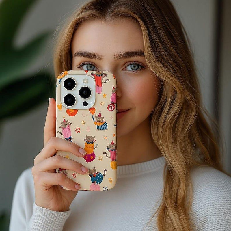 Whimsical Circus Cat Iphone Case – Playful Clown Kitten Print, Matte Soft Cover for Cat Lovers – Iphone 17PRO, PROMAX, AIR,7, 8, SE, X, XS, XR, 11–16 & Samsung S21–S24 Series