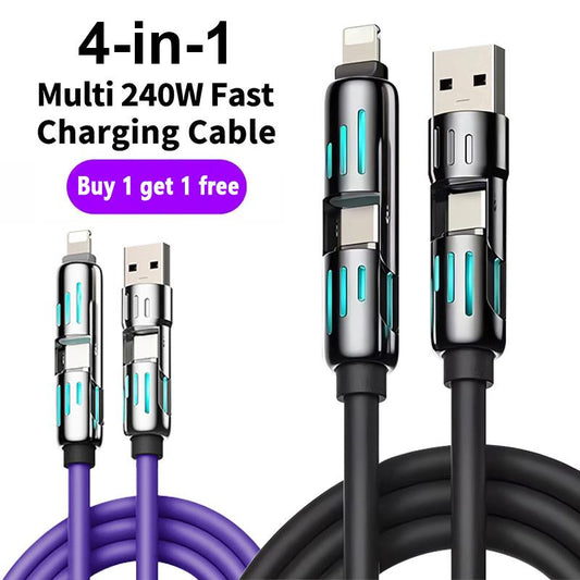 [Buy 1 Get 1 Free] 4-In-1 Multi USB Charging Cable with USB A,Type C,Lightning-Max240W Fast Charging & Data Sync for Iphone16/15,Ipad Pro, Fast Charge Usb Cable 4-In-1 Fast Breathing Light -Max 1 Usb-C Data 4 1 Charging Cable