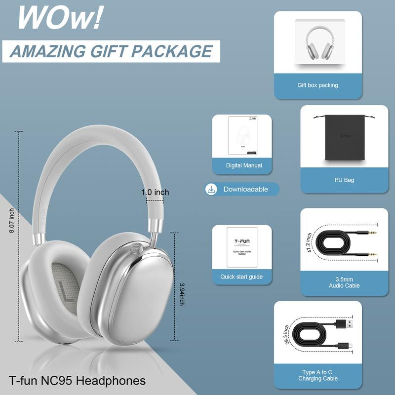 T-Fun NC95 Hybrid Active Noise Canceling Headphones | Bluetooth 5.3, 65H & Transparency Mode | Custom EQ App, Hi-Res Audio for Android/Ios