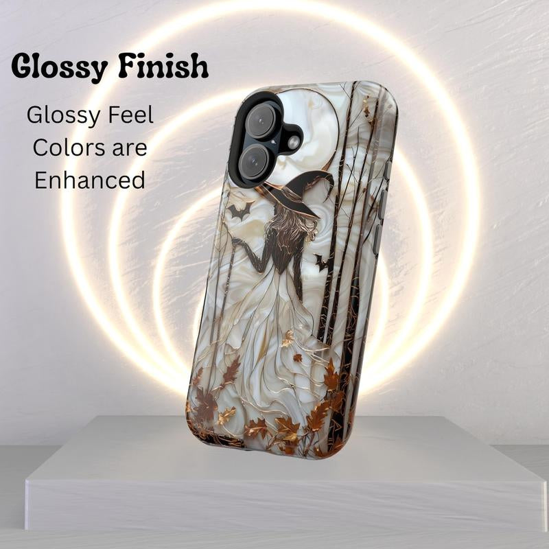 Halloween Witch Phone Case, Gothic Phone Cover, Spooky Autumn Aesthetic, Stained Glass Effect Moon Witch Case