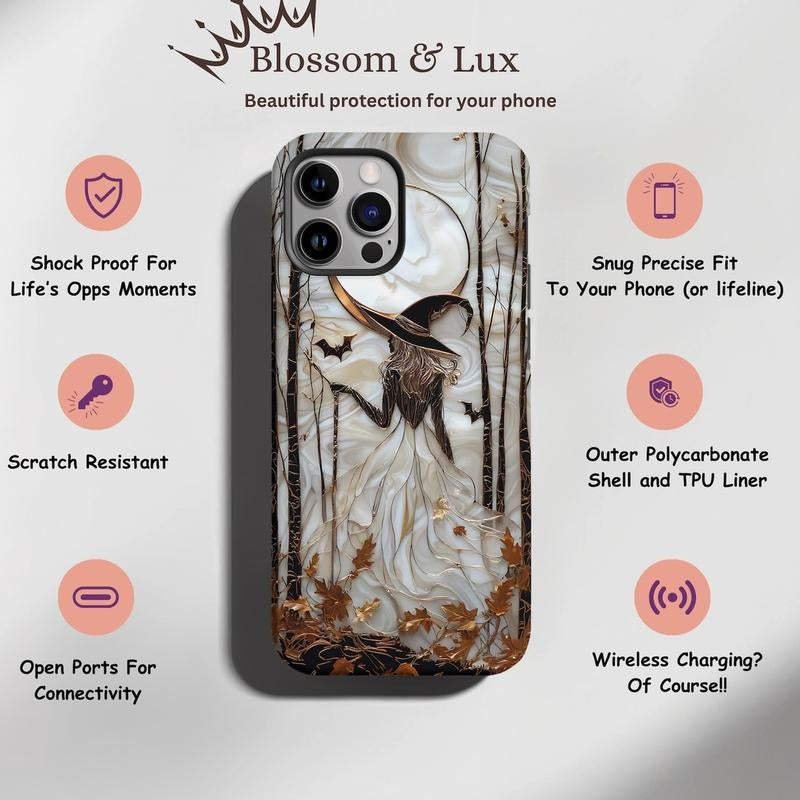 Halloween Witch Phone Case, Gothic Phone Cover, Spooky Autumn Aesthetic, Stained Glass Effect Moon Witch Case