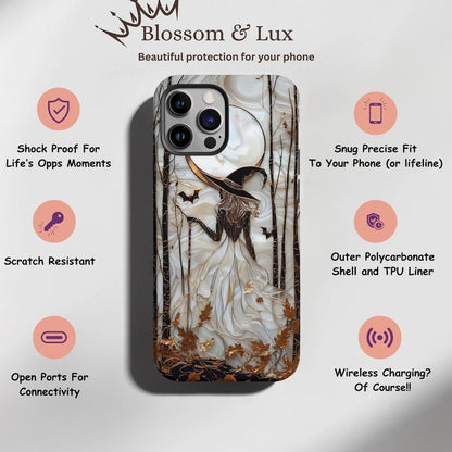 Halloween Witch Phone Case, Gothic Phone Cover, Spooky Autumn Aesthetic, Stained Glass Effect Moon Witch Case