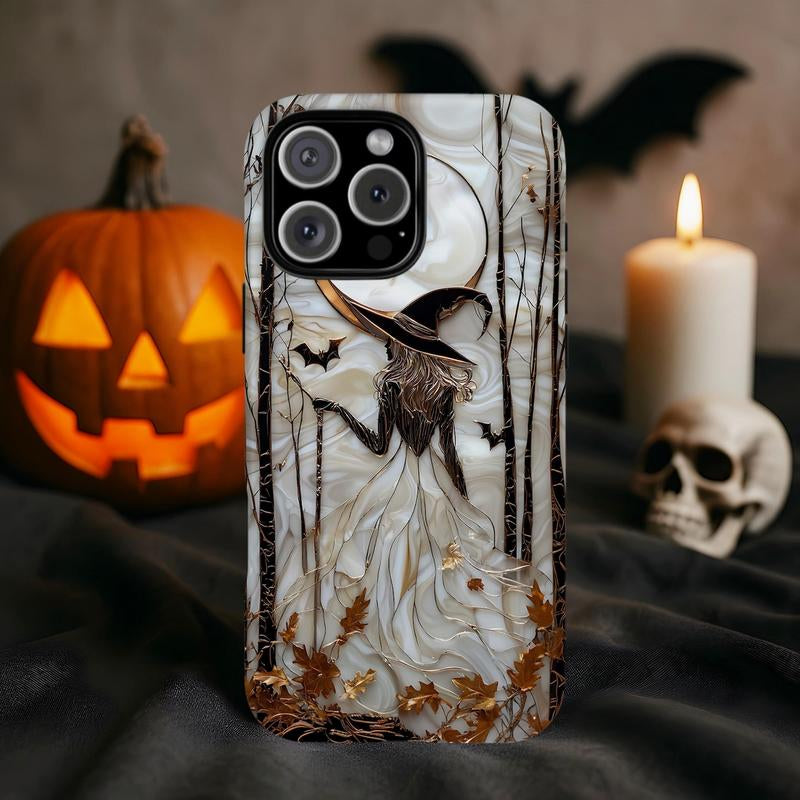 Halloween Witch Phone Case, Gothic Phone Cover, Spooky Autumn Aesthetic, Stained Glass Effect Moon Witch Case