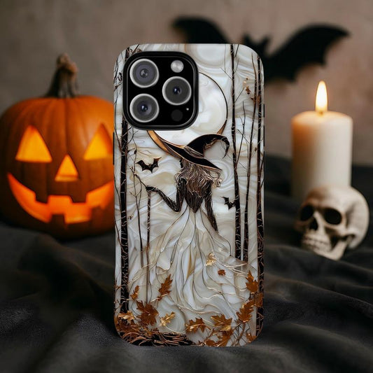 Halloween Witch Phone Case, Gothic Phone Cover, Spooky Autumn Aesthetic, Stained Glass Effect Moon Witch Case